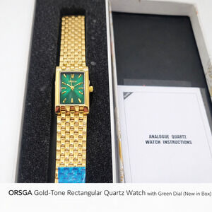 ORSGA Gold-Tone Rectangular Quartz Watch with Green Dial (new in box)